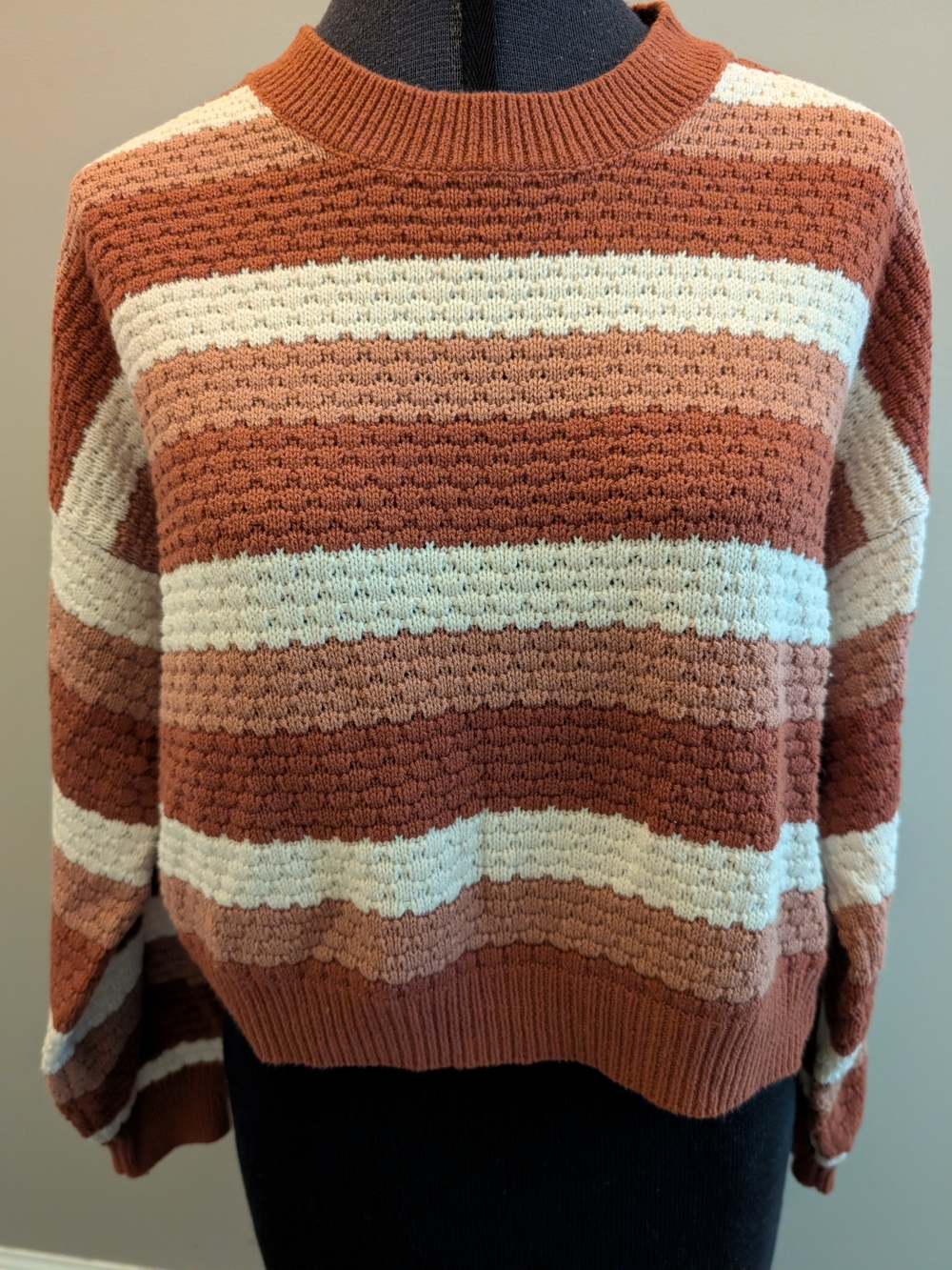Hollister Rust Brown & Cream Striped Crewneck Women's Fall Sweater XS